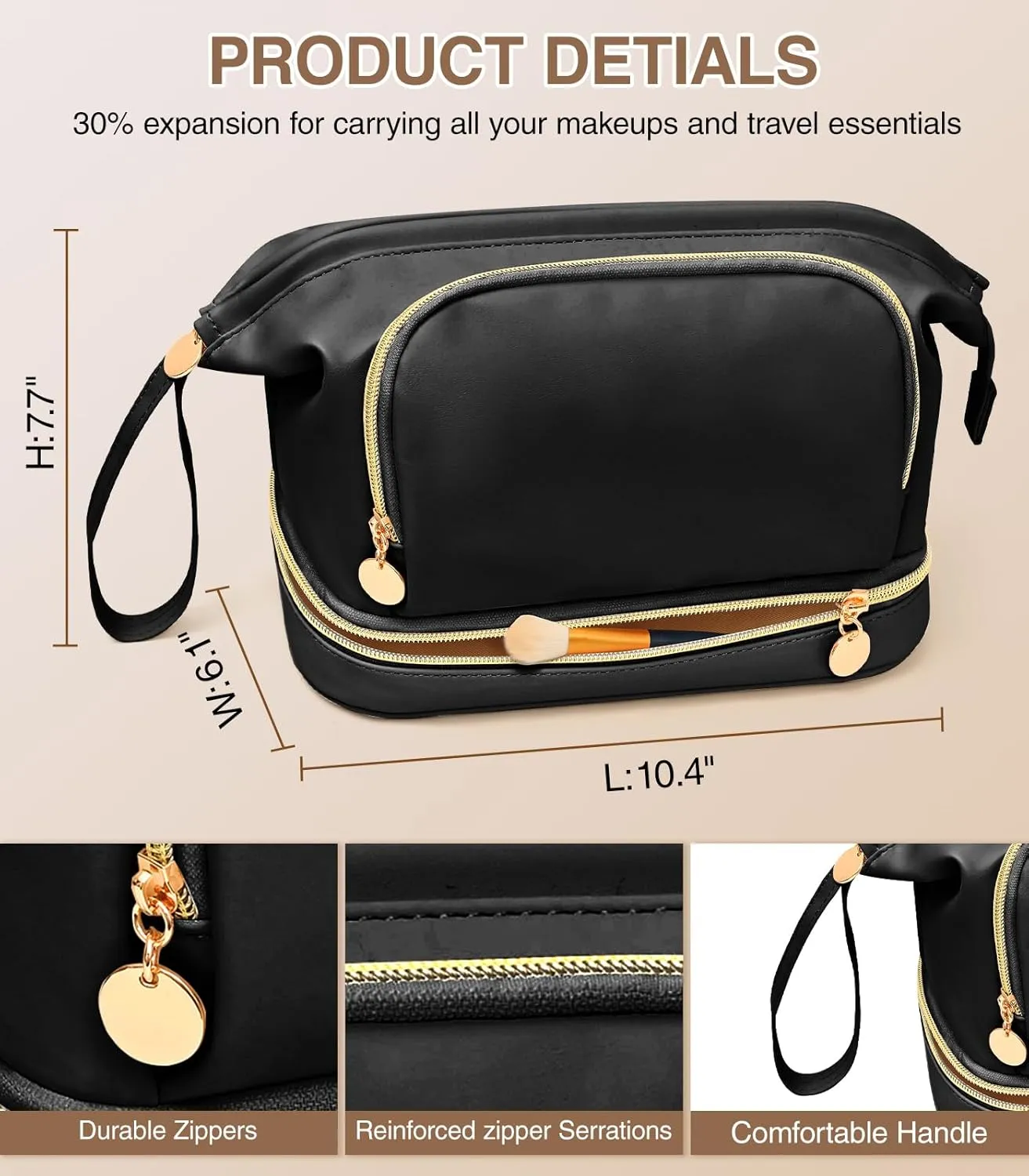 Large Makeup Bag, Double Layer Makeup Bag Organizer, Toiletry Bag For Women, Cosmetic Travel Bag, Leather Makeup Bag, Portable Toiletry Bag, Waterproof Roomy Bag For Women And Girls, Q-Black
