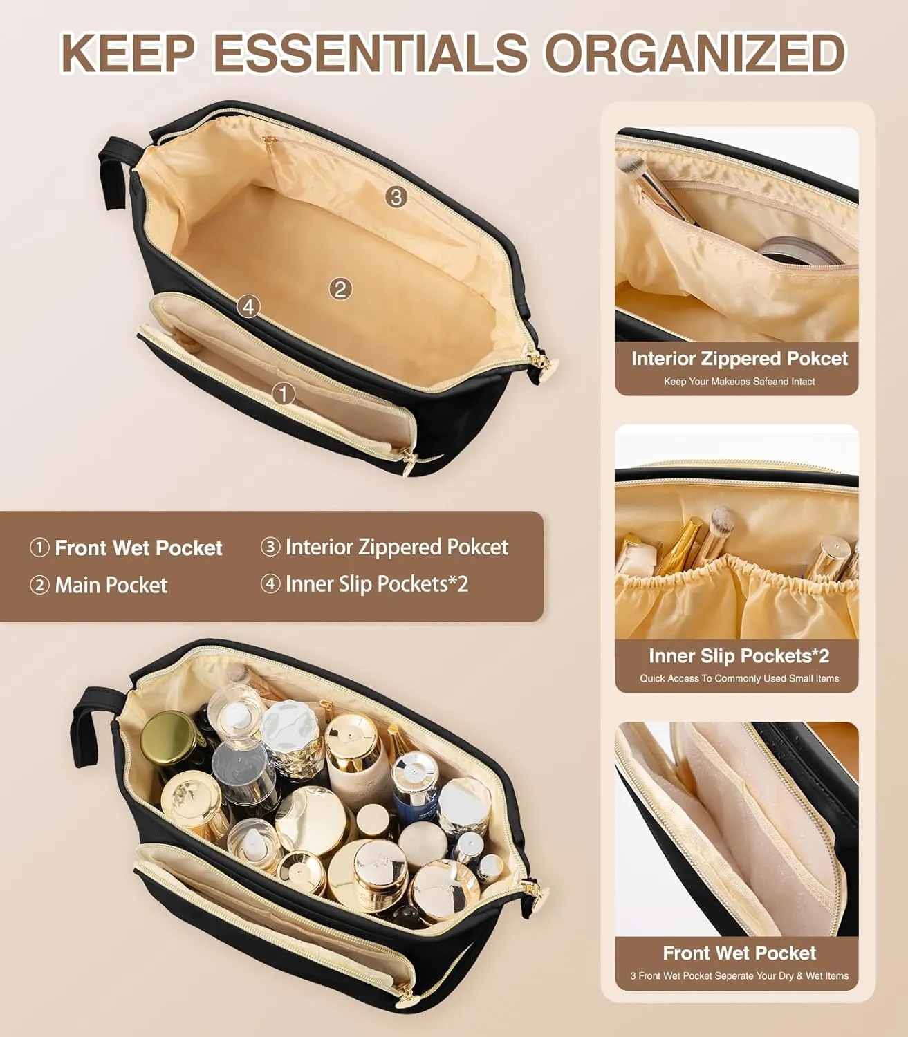 Large Makeup Bag, Double Layer Makeup Bag Organizer, Toiletry Bag For Women, Cosmetic Travel Bag, Leather Makeup Bag, Portable Toiletry Bag, Waterproof Roomy Bag For Women And Girls, Q-Black