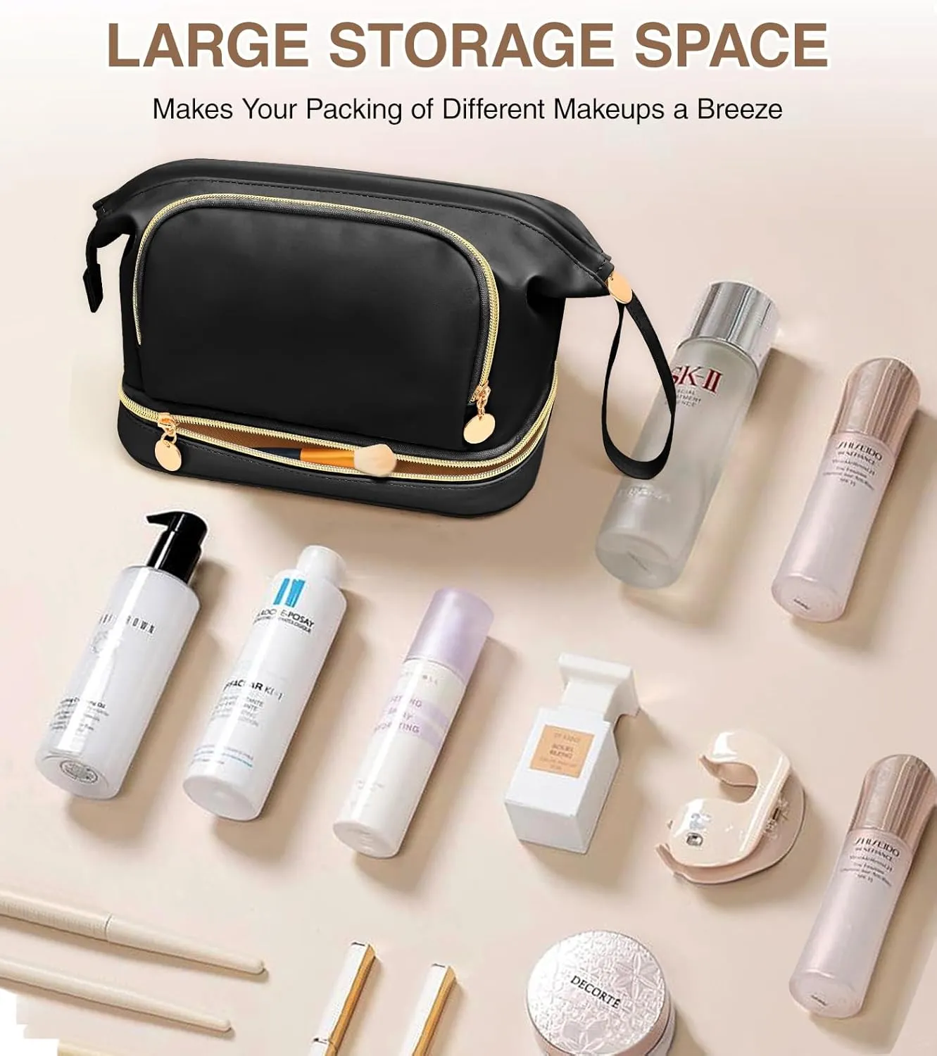 Large Makeup Bag, Double Layer Makeup Bag Organizer, Toiletry Bag For Women, Cosmetic Travel Bag, Leather Makeup Bag, Portable Toiletry Bag, Waterproof Roomy Bag For Women And Girls, Q-Black