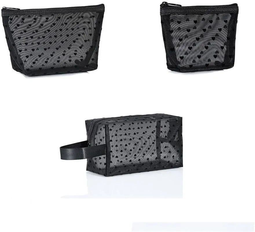 Leadigol Love Heart Mesh Makeup Bag Storage Bag Cute Organizer Case Fashion Toiletry Bag