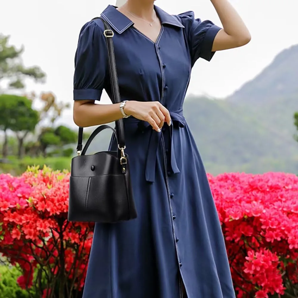 Leather Bucket Bag for Women Casual Shoulder Bag Roomy Crossbody Bag Tote Handbag Top Handle Satchel Handbag Hobo Bag
