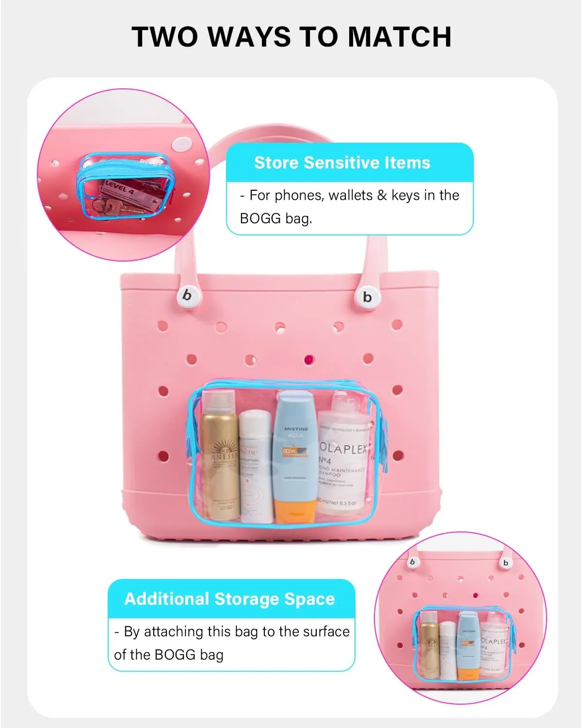 LETGO 4 Packs Clear Bogg Beach Tote Bag with 4 Insert Hooks Accessories for Bogg Bags Travel Makeup Clean Toiletry Brush Organizer Cosmetic Divider Storage Inner Pouchs (Clear Blue)