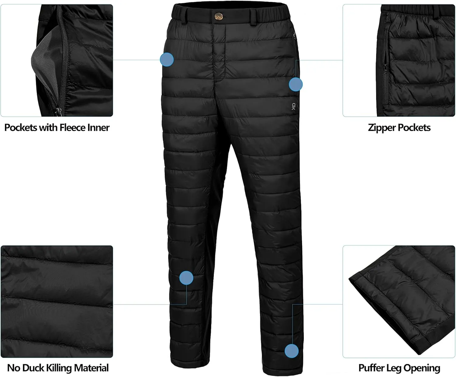 Little Donkey Andy Men's Puffer Pants Warm Fleece Lined Quilted Insulation Snow Ski Pants