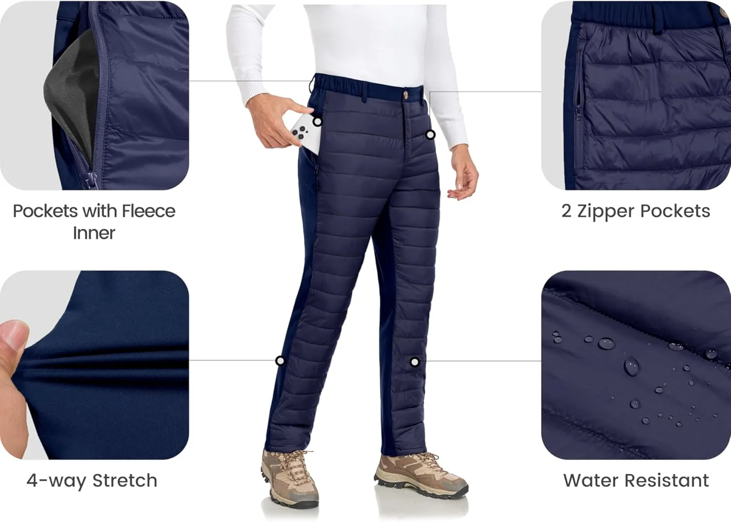 Little Donkey Andy Men's Puffer Pants Warm Fleece Lined Quilted Insulation Snow Ski Pants
