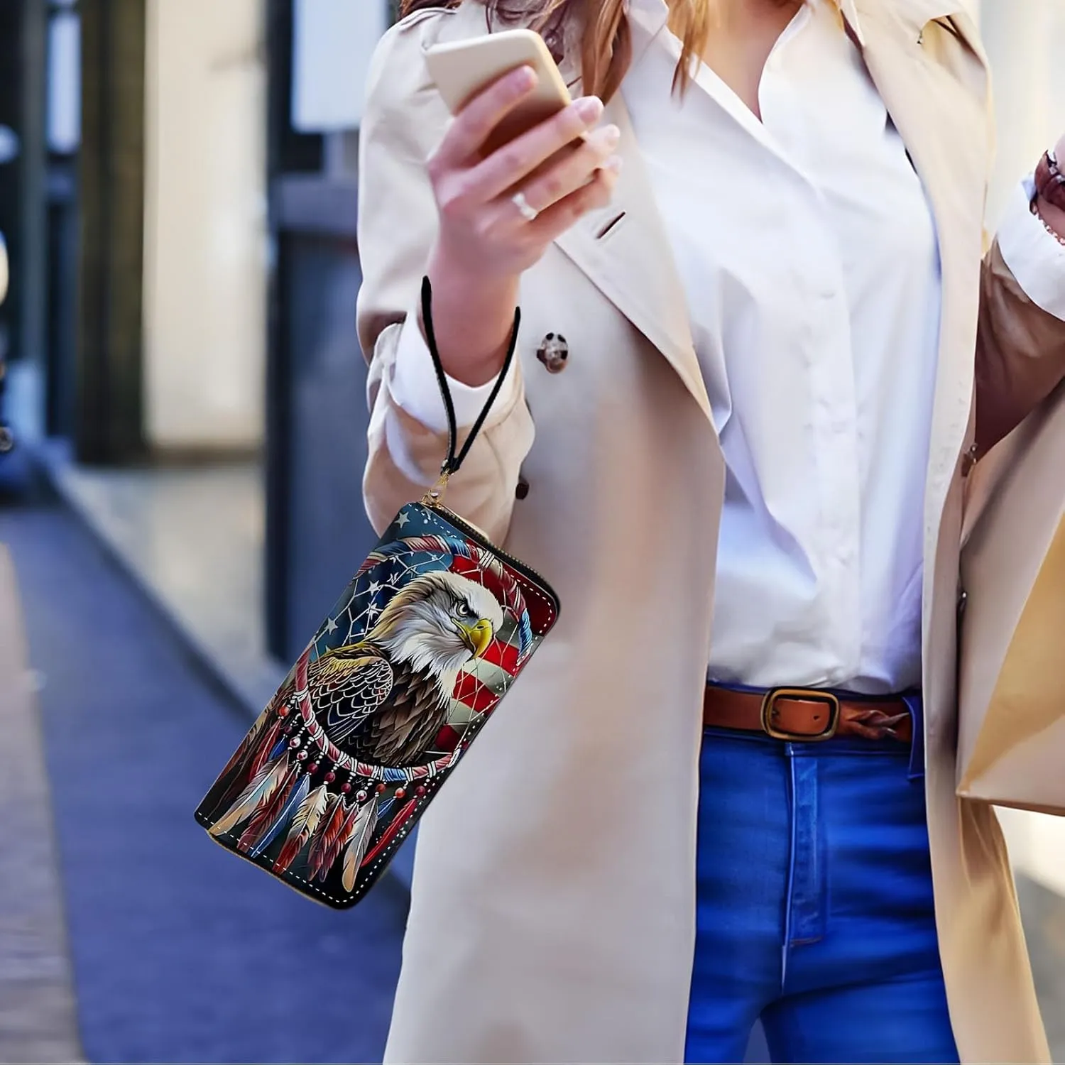 Long Wallet for Women, PU Leather Wristlet Wallets, American Flag Eagle Credit Card Holder for Women, Convenient Travel Wallet with Wrist strap and Pink Mirror, Fashion and Sturdy Wallet.
