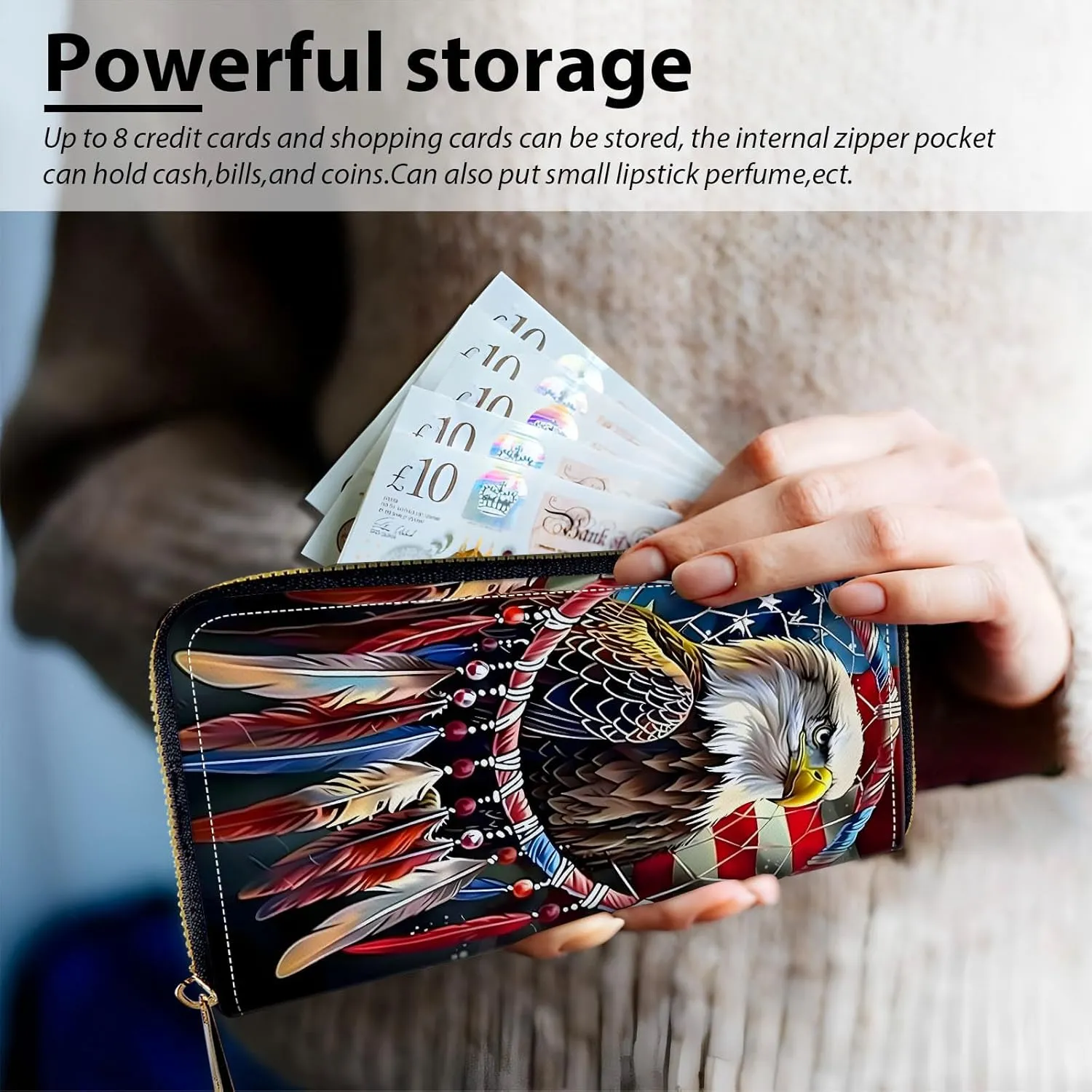 Long Wallet for Women, PU Leather Wristlet Wallets, American Flag Eagle Credit Card Holder for Women, Convenient Travel Wallet with Wrist strap and Pink Mirror, Fashion and Sturdy Wallet.