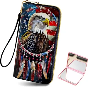 Long Wallet for Women, PU Leather Wristlet Wallets, American Flag Eagle Credit Card Holder for Women, Convenient Travel Wallet with Wrist strap and Pink Mirror, Fashion and Sturdy Wallet.