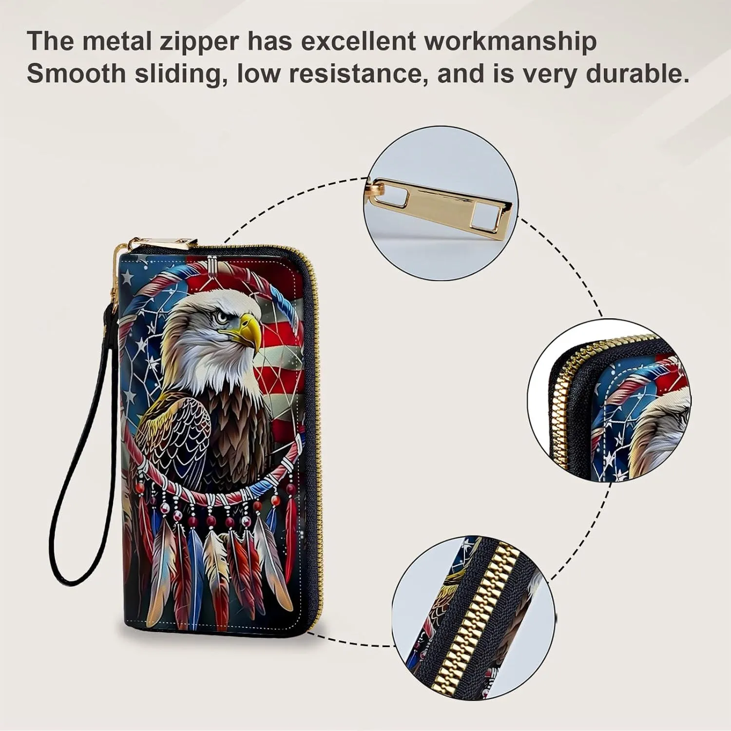 Long Wallet for Women, PU Leather Wristlet Wallets, American Flag Eagle Credit Card Holder for Women, Convenient Travel Wallet with Wrist strap and Pink Mirror, Fashion and Sturdy Wallet.