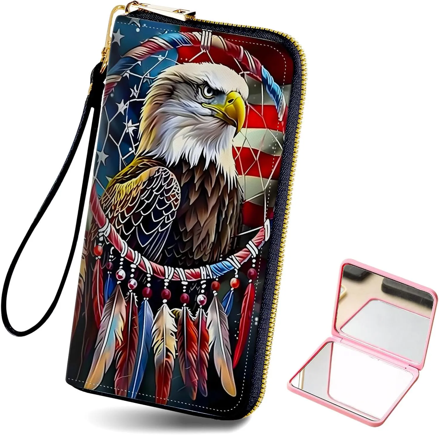 Long Wallet for Women, PU Leather Wristlet Wallets, American Flag Eagle Credit Card Holder for Women, Convenient Travel Wallet with Wrist strap and Pink Mirror, Fashion and Sturdy Wallet.