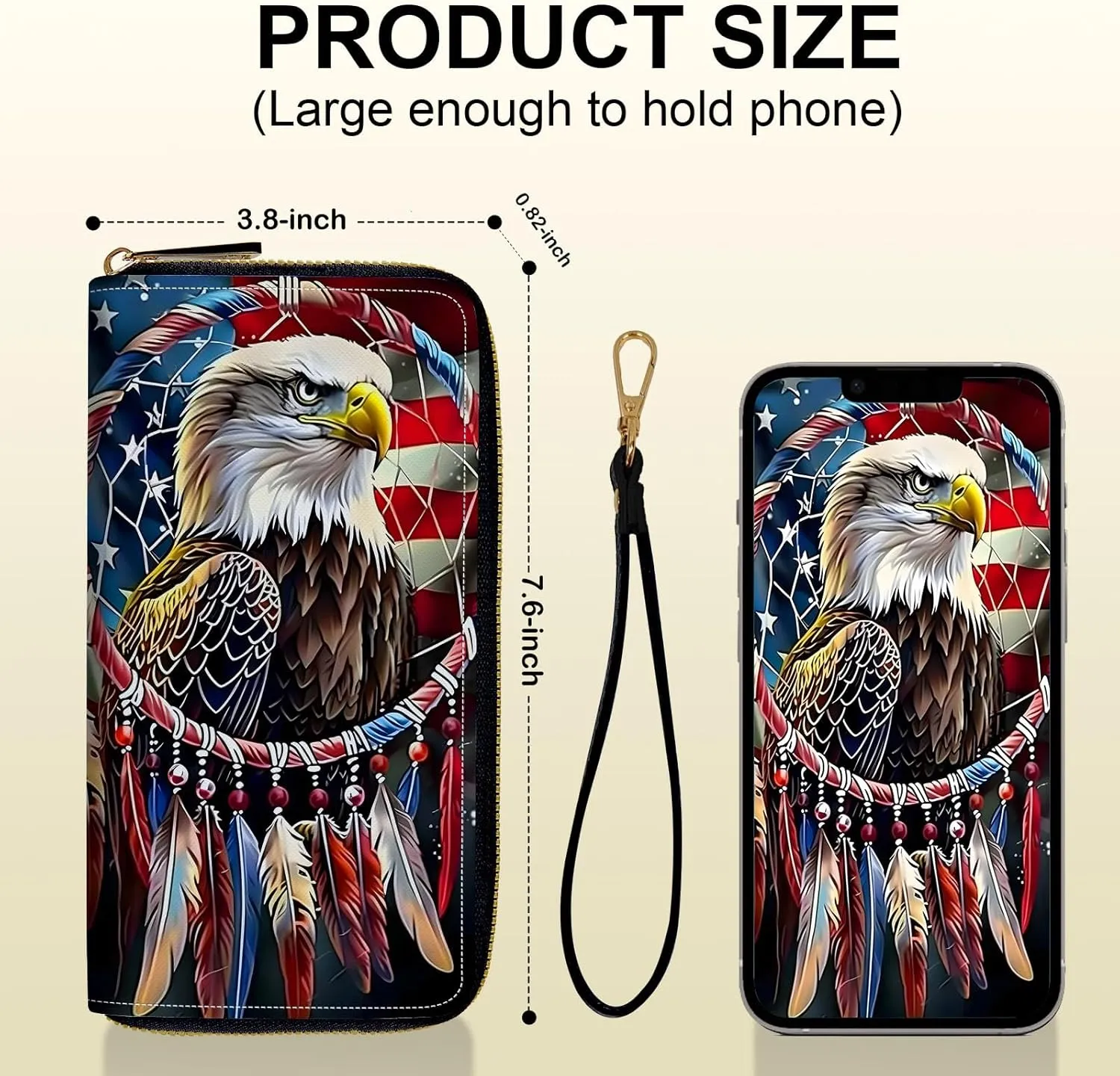 Long Wallet for Women, PU Leather Wristlet Wallets, American Flag Eagle Credit Card Holder for Women, Convenient Travel Wallet with Wrist strap and Pink Mirror, Fashion and Sturdy Wallet.
