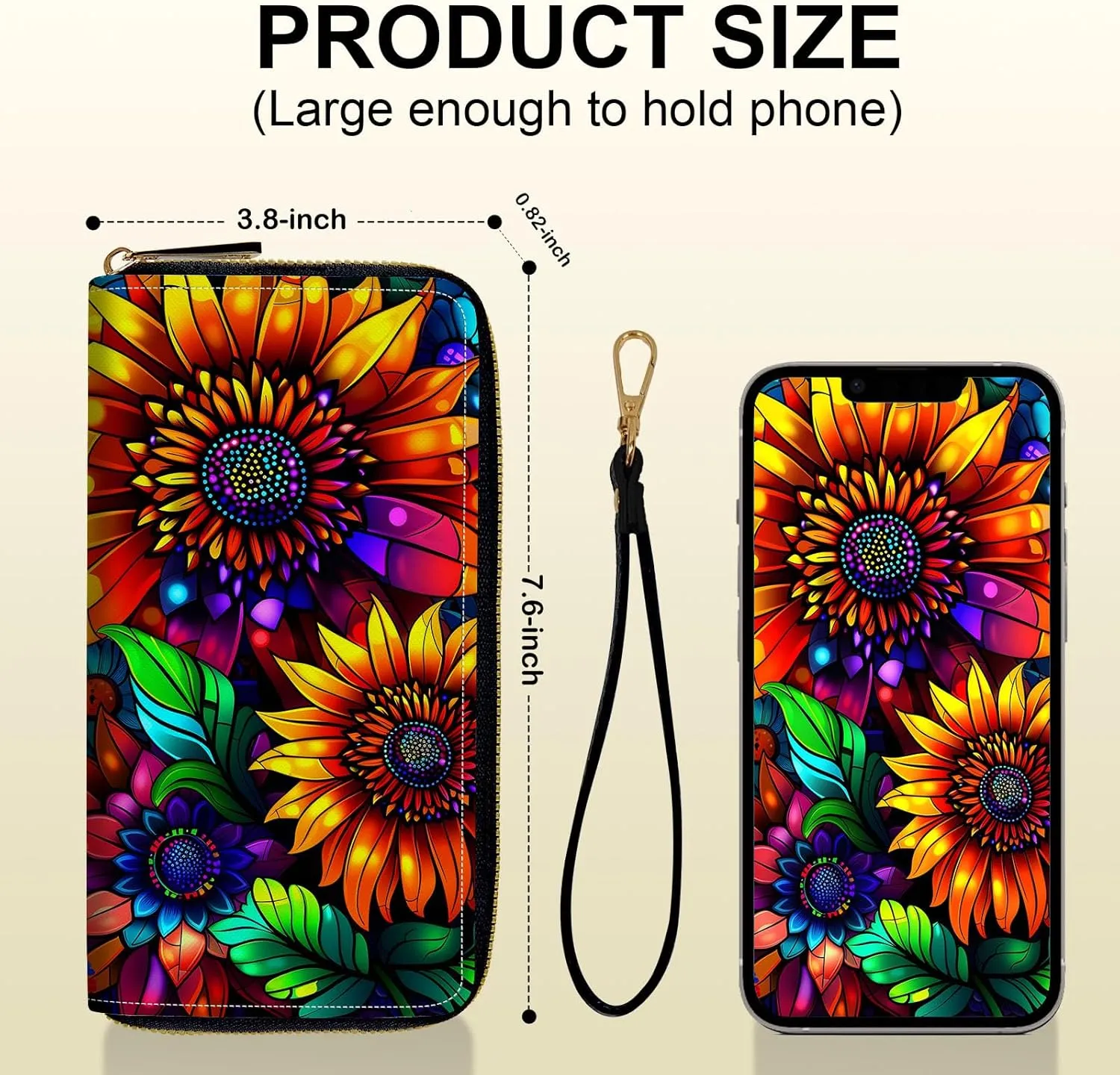 Long Wallet for Women, PU Leather Wristlet Wallets, Colorful Sunflowers Credit Card Holder for Women, Convenient Travel Wallet with Wrist strap and Pink Mirror, Fashion and Sturdy Wallet.