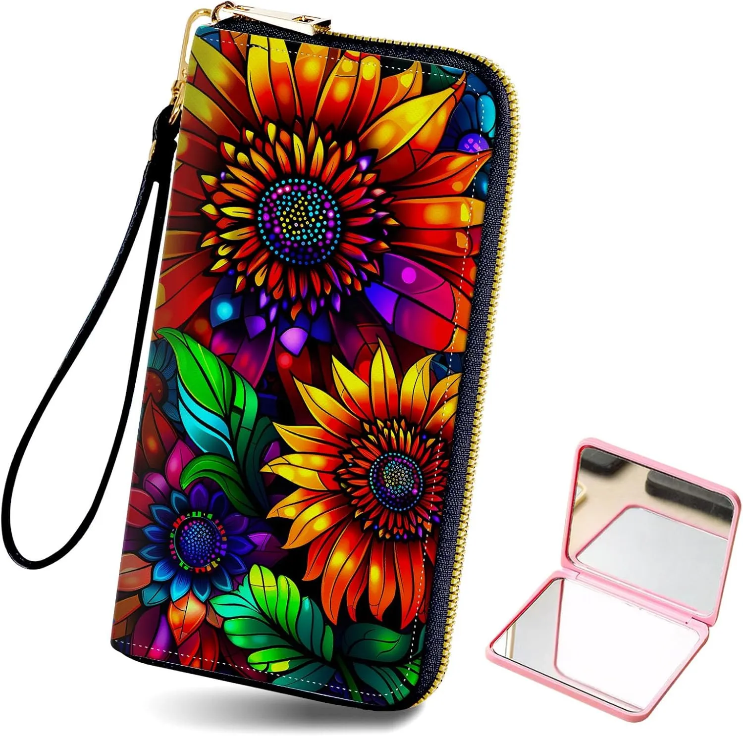 Long Wallet for Women, PU Leather Wristlet Wallets, Colorful Sunflowers Credit Card Holder for Women, Convenient Travel Wallet with Wrist strap and Pink Mirror, Fashion and Sturdy Wallet.