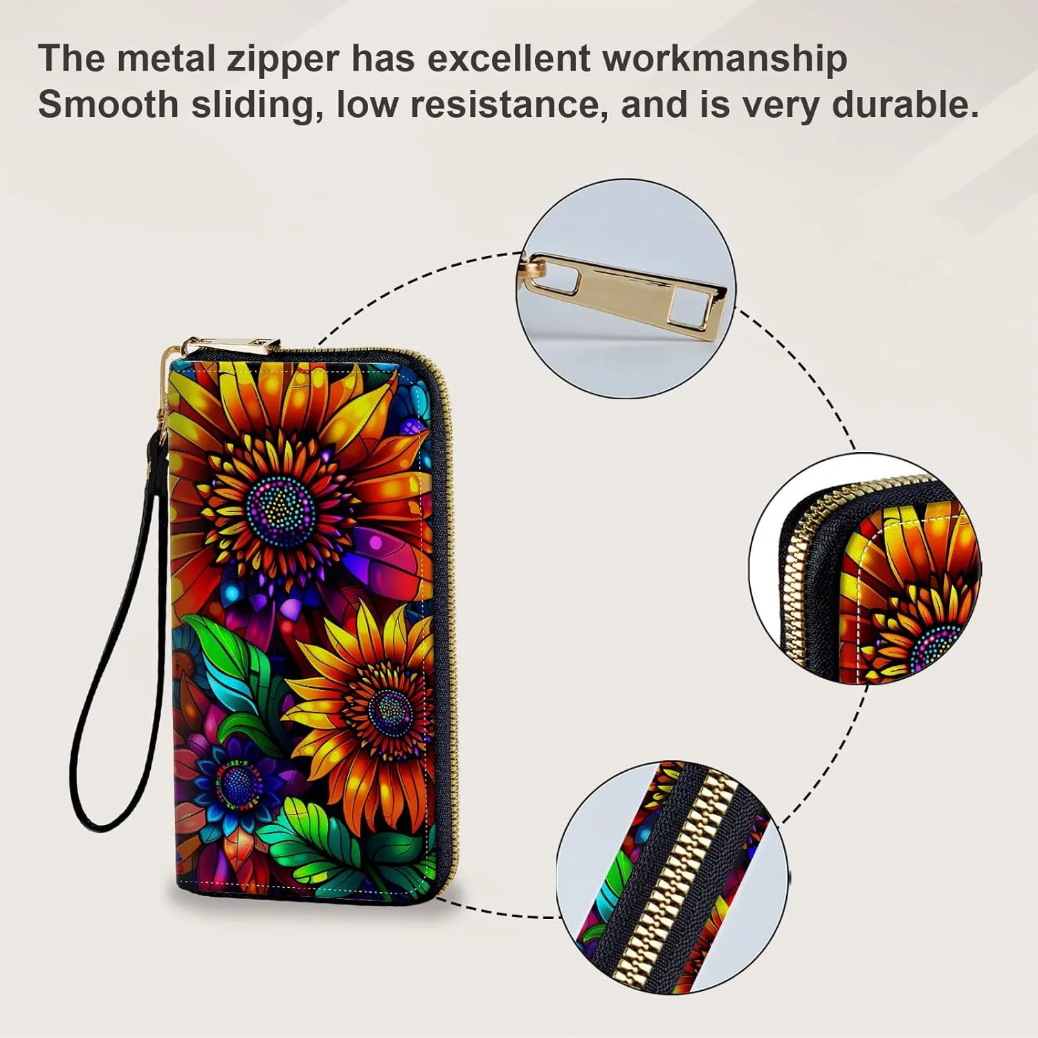 Long Wallet for Women, PU Leather Wristlet Wallets, Colorful Sunflowers Credit Card Holder for Women, Convenient Travel Wallet with Wrist strap and Pink Mirror, Fashion and Sturdy Wallet.