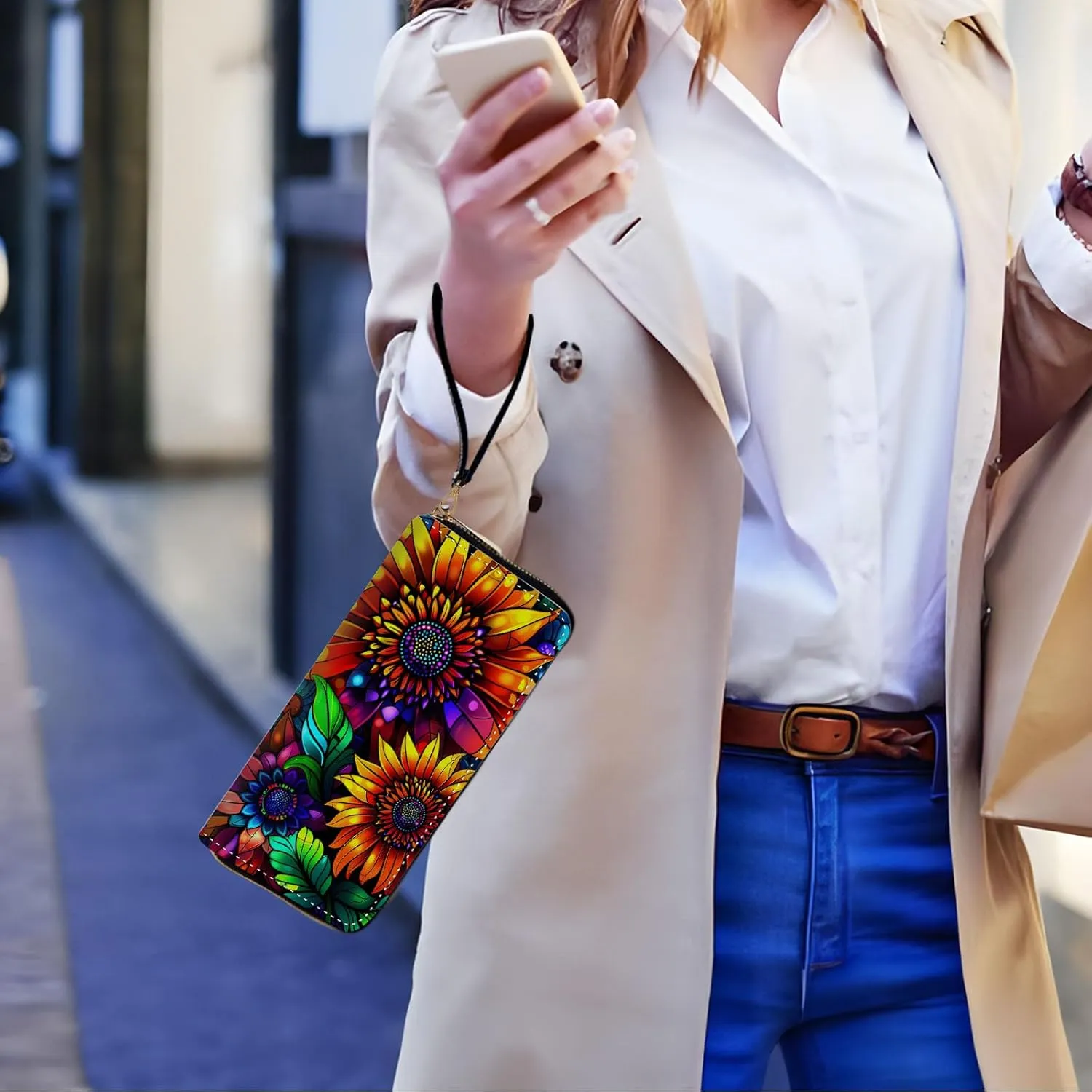 Long Wallet for Women, PU Leather Wristlet Wallets, Colorful Sunflowers Credit Card Holder for Women, Convenient Travel Wallet with Wrist strap and Pink Mirror, Fashion and Sturdy Wallet.
