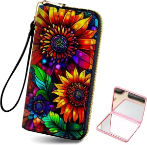 Long Wallet for Women, PU Leather Wristlet Wallets, Colorful Sunflowers Credit Card Holder for Women, Convenient Travel Wallet with Wrist strap and Pink Mirror, Fashion and Sturdy Wallet.