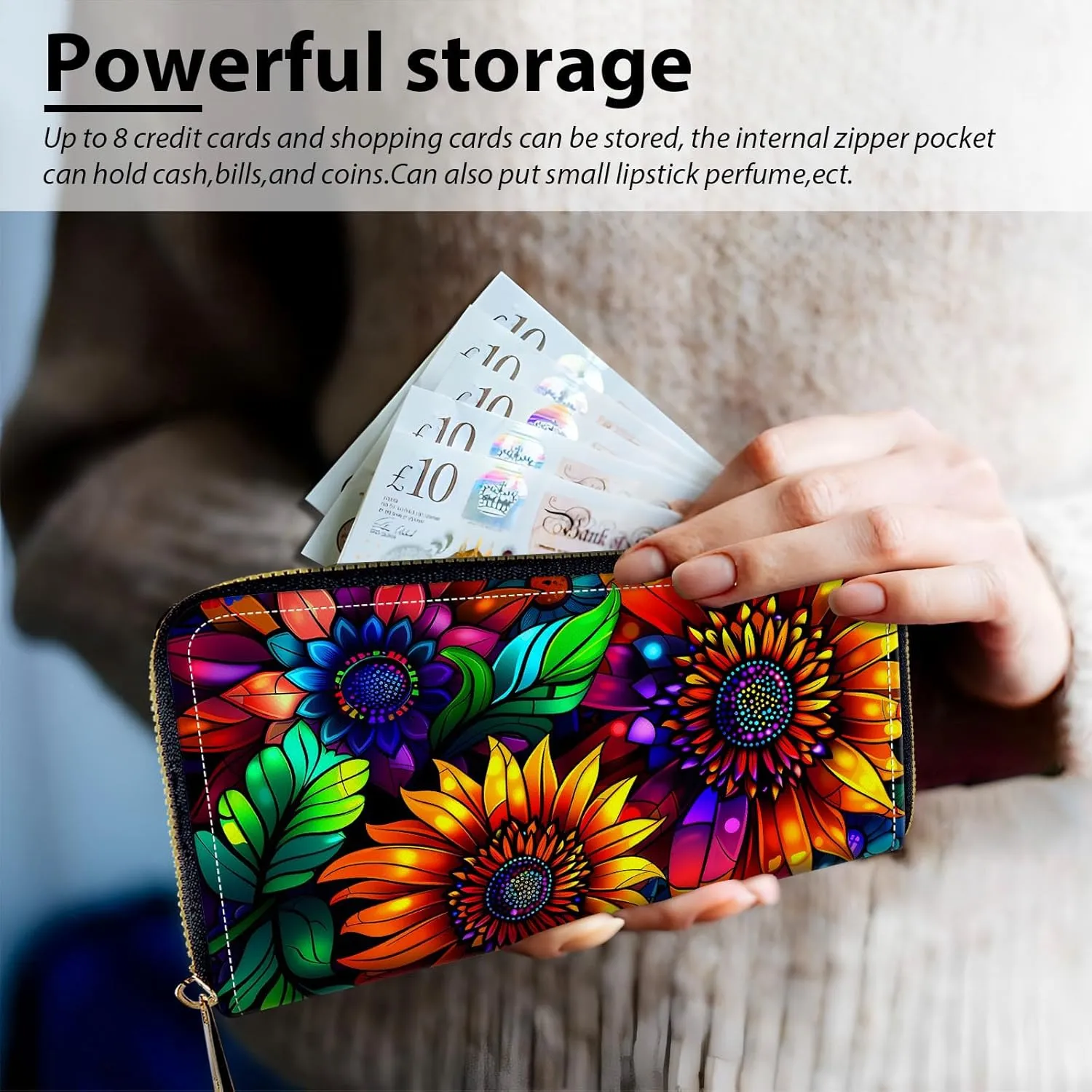 Long Wallet for Women, PU Leather Wristlet Wallets, Colorful Sunflowers Credit Card Holder for Women, Convenient Travel Wallet with Wrist strap and Pink Mirror, Fashion and Sturdy Wallet.