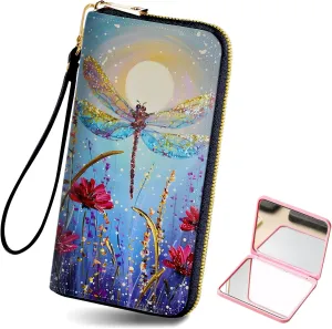 Long Wallet for Women, PU Leather Wristlet Wallets, Flower Forest Dragonfly Credit Card Holder for Women, Convenient Travel Wallet with Wrist strap Pink Mirror, Fashion and Sturdy Wallet.