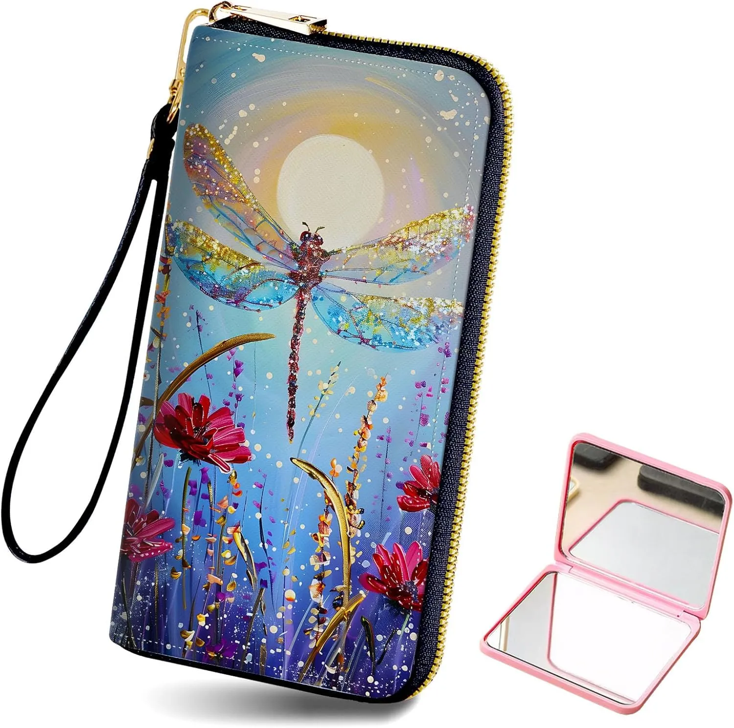 Long Wallet for Women, PU Leather Wristlet Wallets, Flower Forest Dragonfly Credit Card Holder for Women, Convenient Travel Wallet with Wrist strap Pink Mirror, Fashion and Sturdy Wallet.