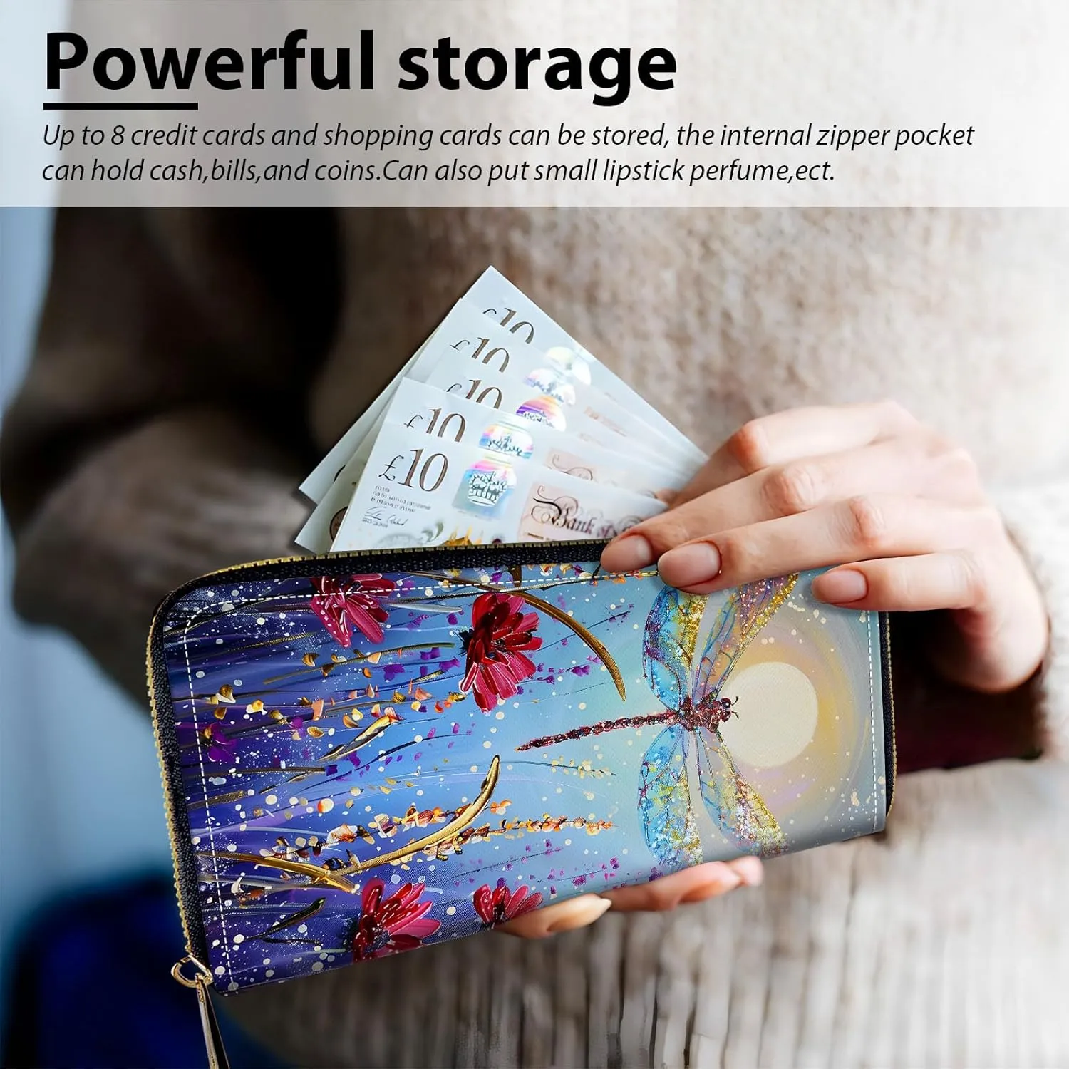 Long Wallet for Women, PU Leather Wristlet Wallets, Flower Forest Dragonfly Credit Card Holder for Women, Convenient Travel Wallet with Wrist strap Pink Mirror, Fashion and Sturdy Wallet.