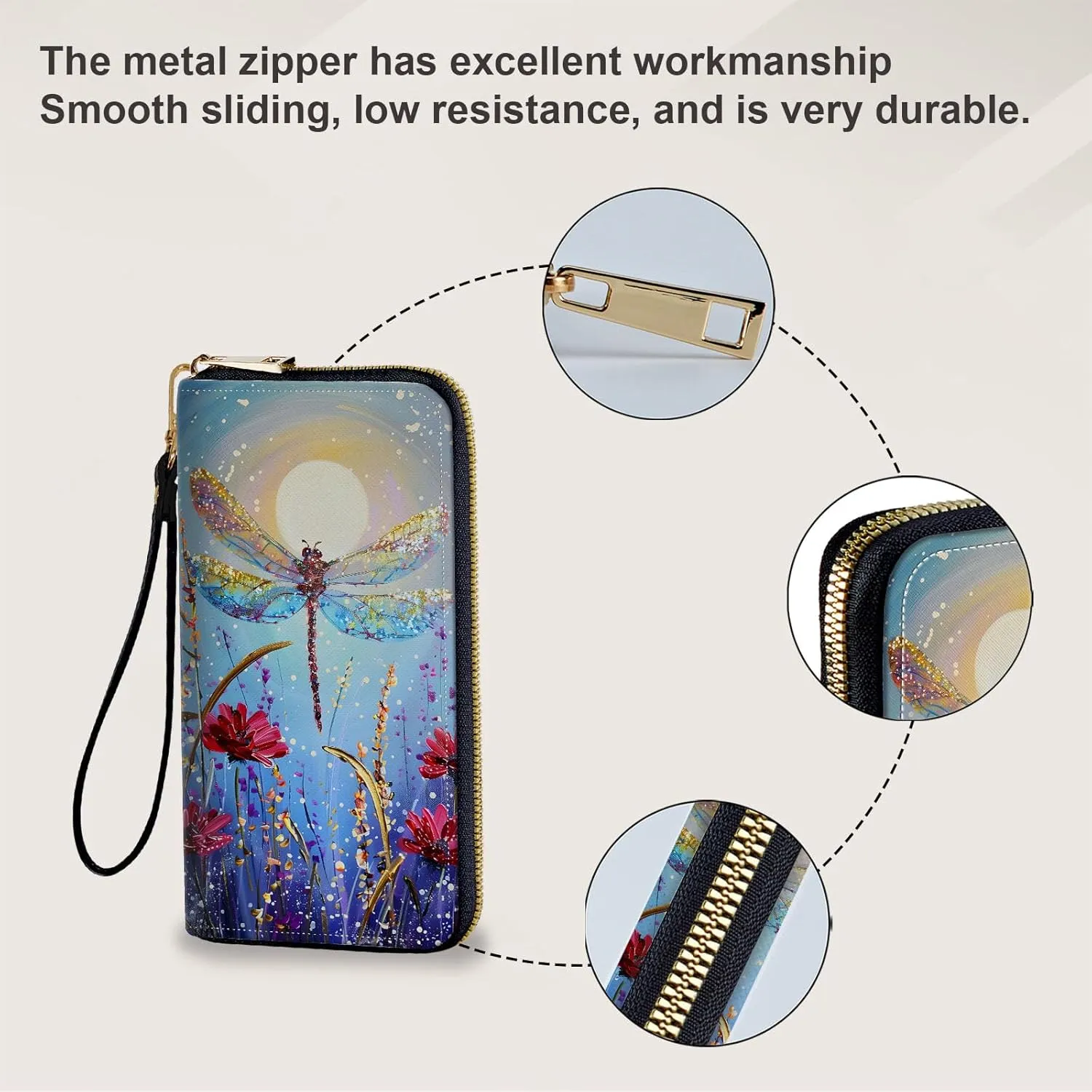 Long Wallet for Women, PU Leather Wristlet Wallets, Flower Forest Dragonfly Credit Card Holder for Women, Convenient Travel Wallet with Wrist strap Pink Mirror, Fashion and Sturdy Wallet.