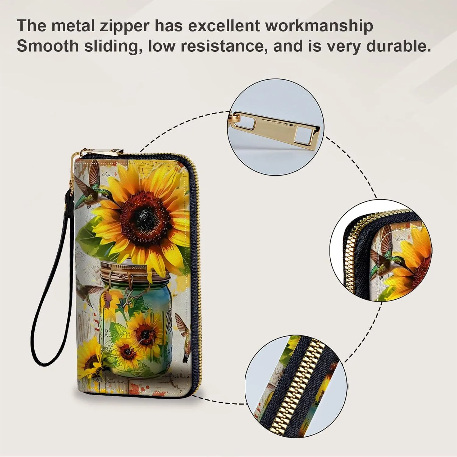 Long Wallet for Women, PU Leather Wristlet Wallets, Hummingbird Sunflower Credit Card Holder for Women, Convenient Travel Wallet with Wrist strap and Pink Mirror, Fashion and Sturdy Wallet.