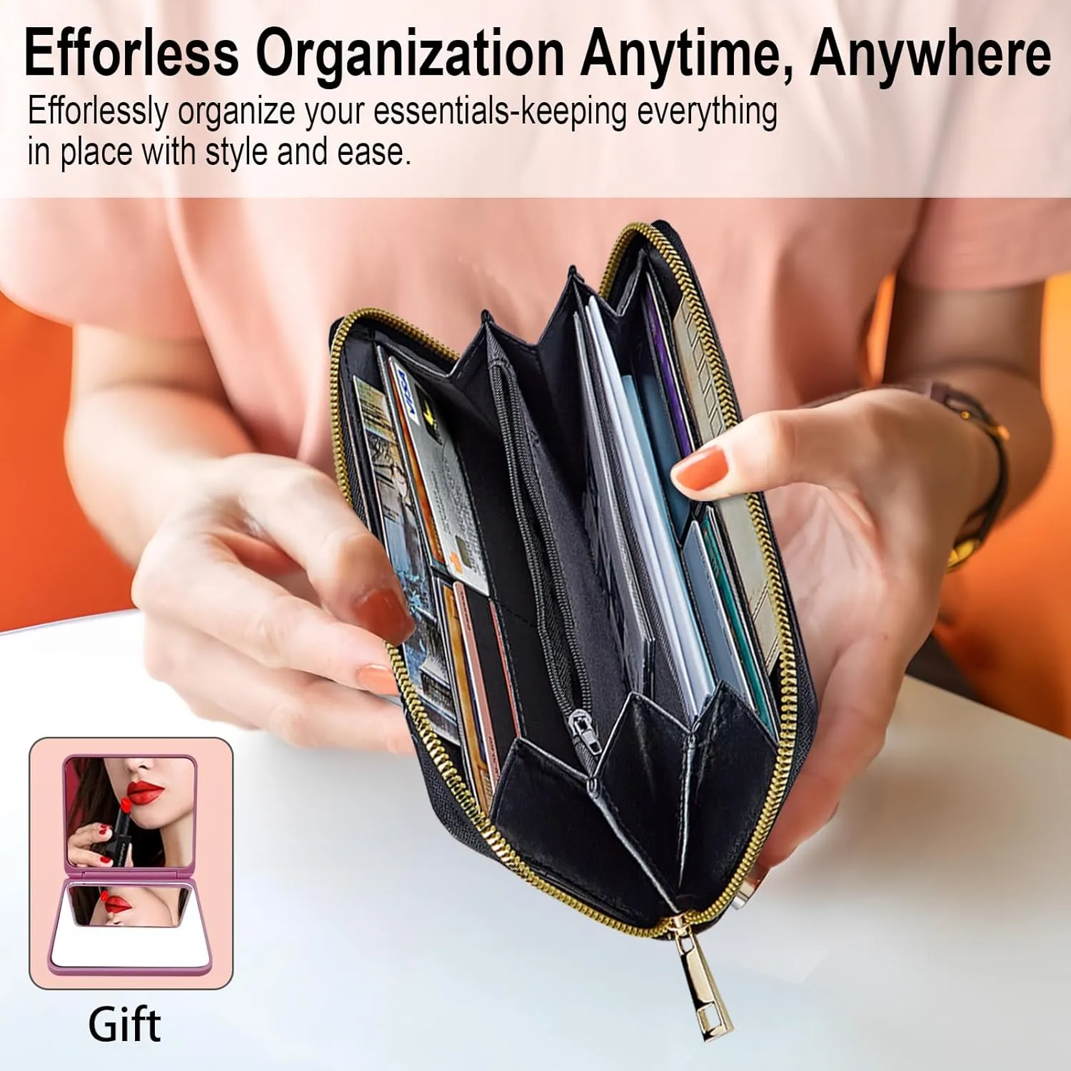 Long Wallet for Women, PU Leather Wristlet Wallets, Hummingbird Sunflower Credit Card Holder for Women, Convenient Travel Wallet with Wrist strap and Pink Mirror, Fashion and Sturdy Wallet.