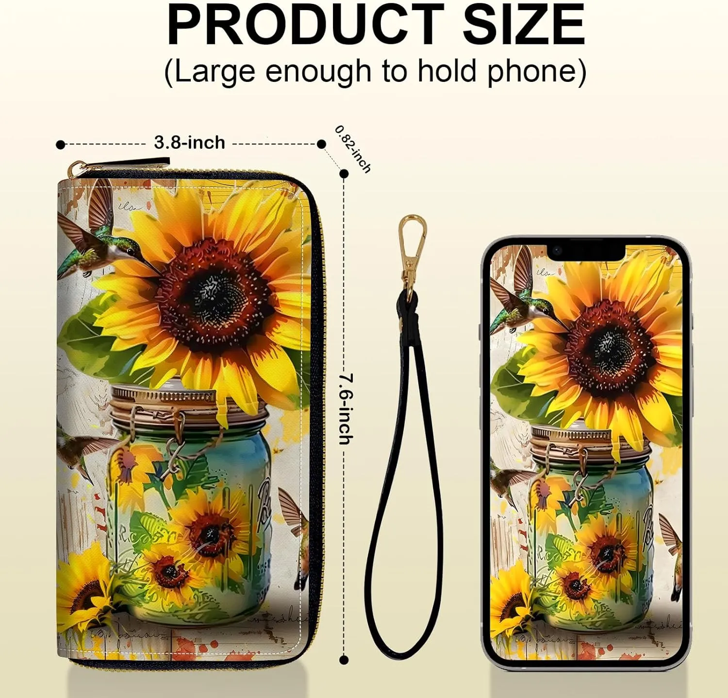 Long Wallet for Women, PU Leather Wristlet Wallets, Hummingbird Sunflower Credit Card Holder for Women, Convenient Travel Wallet with Wrist strap and Pink Mirror, Fashion and Sturdy Wallet.