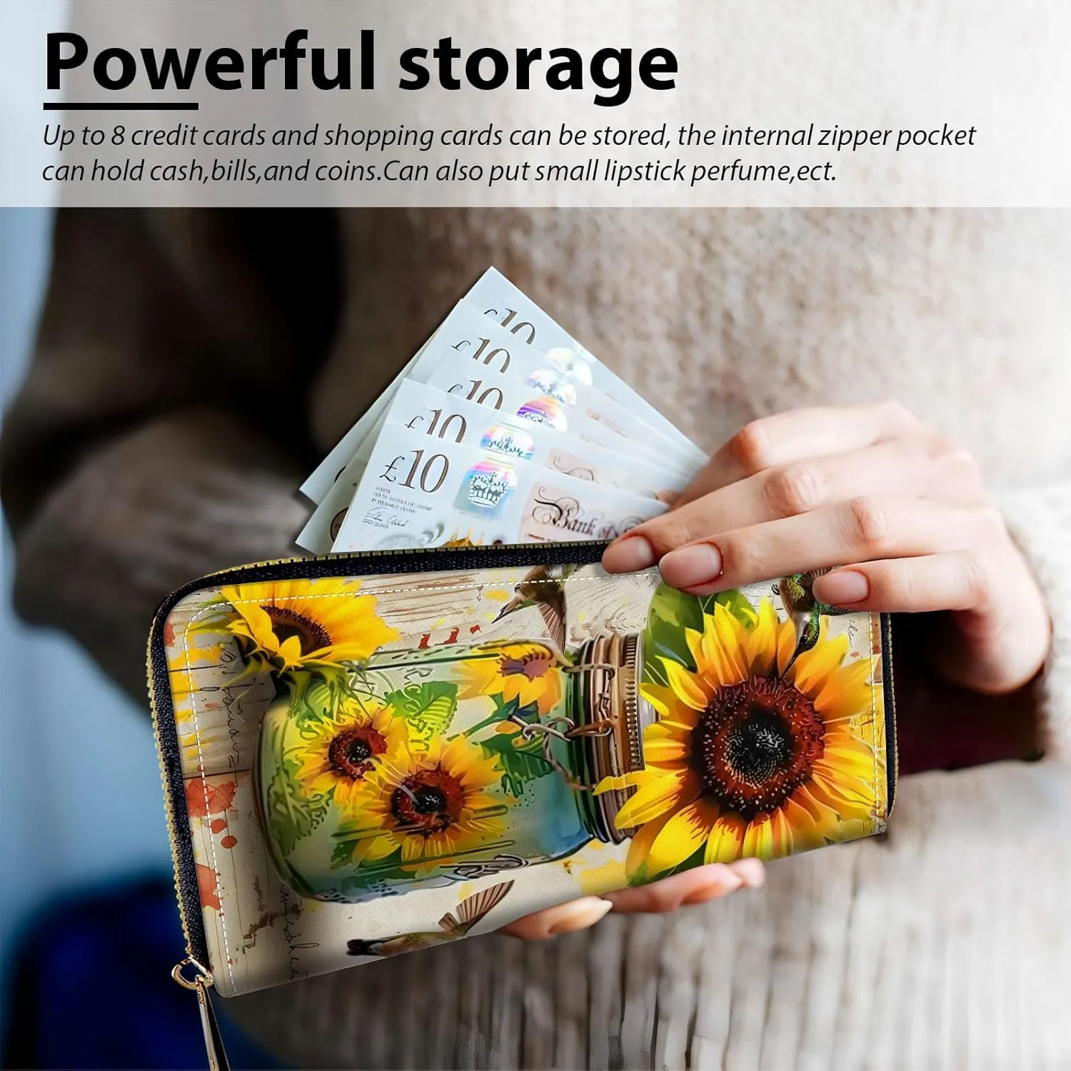 Long Wallet for Women, PU Leather Wristlet Wallets, Hummingbird Sunflower Credit Card Holder for Women, Convenient Travel Wallet with Wrist strap and Pink Mirror, Fashion and Sturdy Wallet.