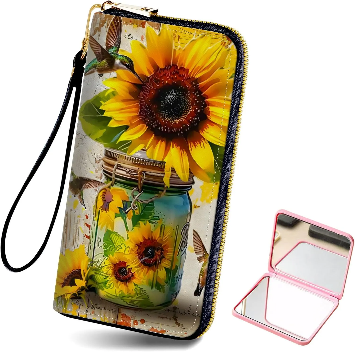 Long Wallet for Women, PU Leather Wristlet Wallets, Hummingbird Sunflower Credit Card Holder for Women, Convenient Travel Wallet with Wrist strap and Pink Mirror, Fashion and Sturdy Wallet.