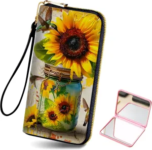 Long Wallet for Women, PU Leather Wristlet Wallets, Hummingbird Sunflower Credit Card Holder for Women, Convenient Travel Wallet with Wrist strap and Pink Mirror, Fashion and Sturdy Wallet.