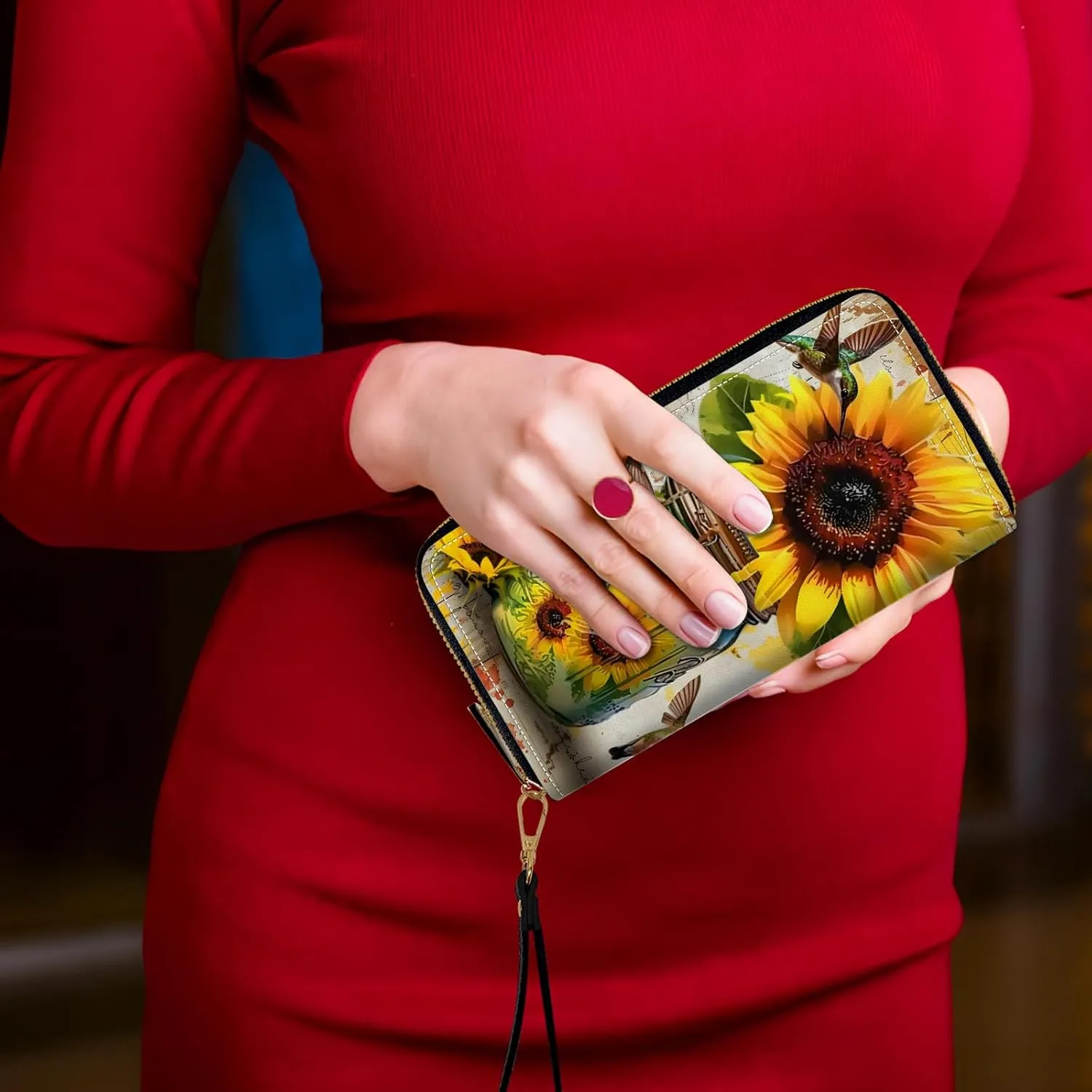 Long Wallet for Women, PU Leather Wristlet Wallets, Hummingbird Sunflower Credit Card Holder for Women, Convenient Travel Wallet with Wrist strap and Pink Mirror, Fashion and Sturdy Wallet.