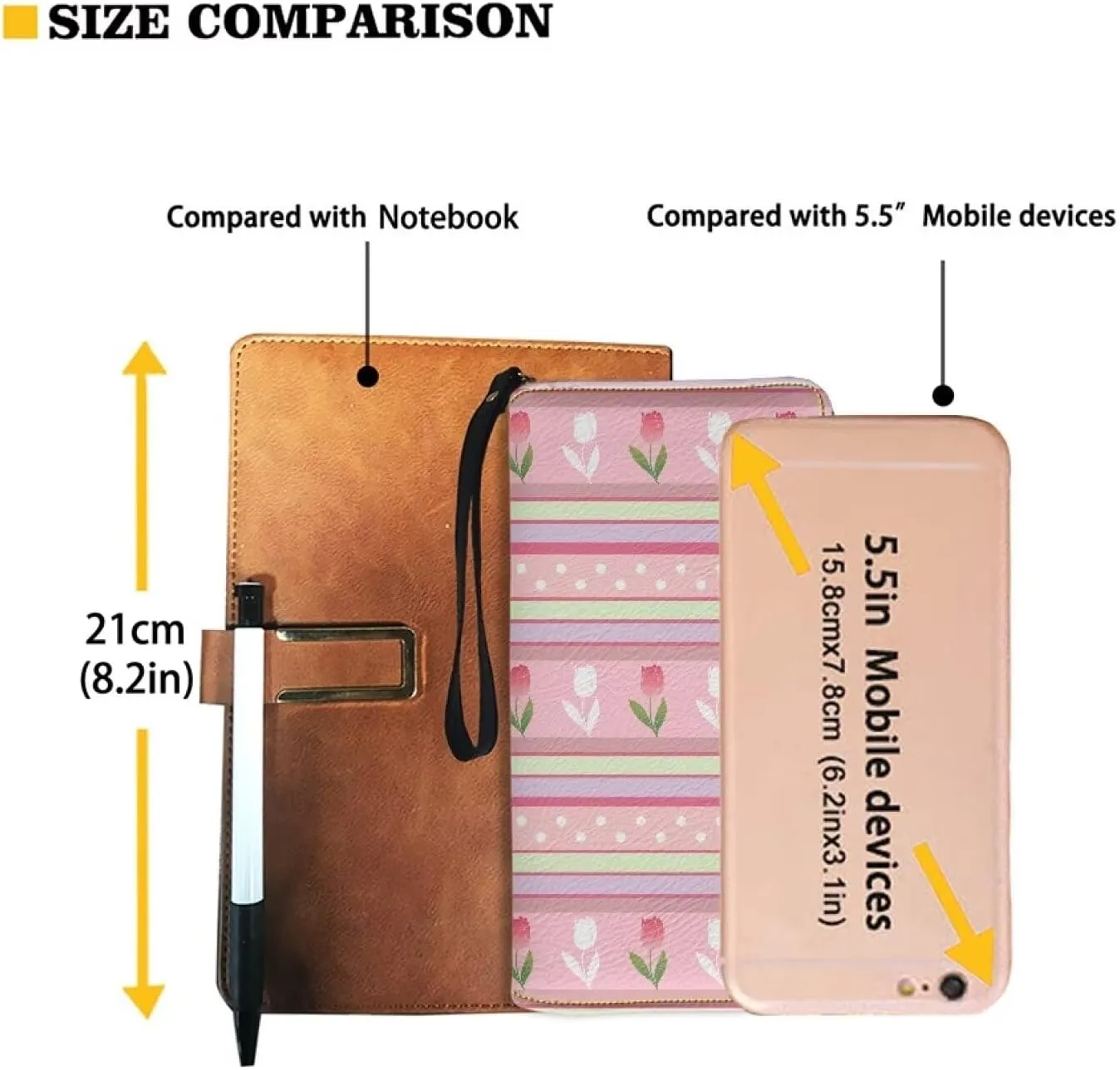 Long Wallet with Convenient Wristlet Strap Stylish Travel,Shopping,Dating Phone Purse Pink Tulip Floral Stripe Print PU Leather Credit Card Holder Zip Around Design Coin Cash Pocket