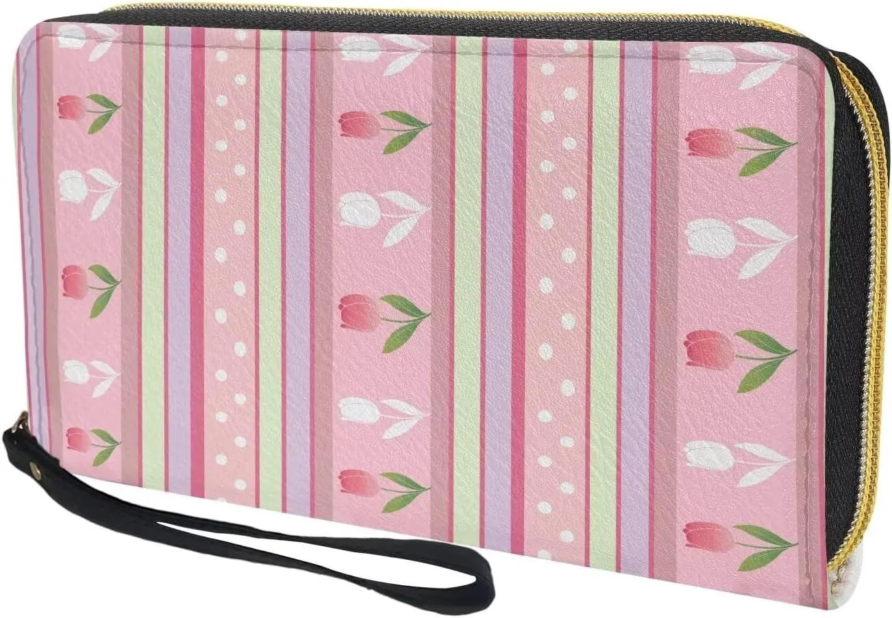Long Wallet with Convenient Wristlet Strap Stylish Travel,Shopping,Dating Phone Purse Pink Tulip Floral Stripe Print PU Leather Credit Card Holder Zip Around Design Coin Cash Pocket
