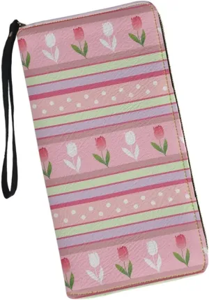 Long Wallet with Convenient Wristlet Strap Stylish Travel,Shopping,Dating Phone Purse Pink Tulip Floral Stripe Print PU Leather Credit Card Holder Zip Around Design Coin Cash Pocket