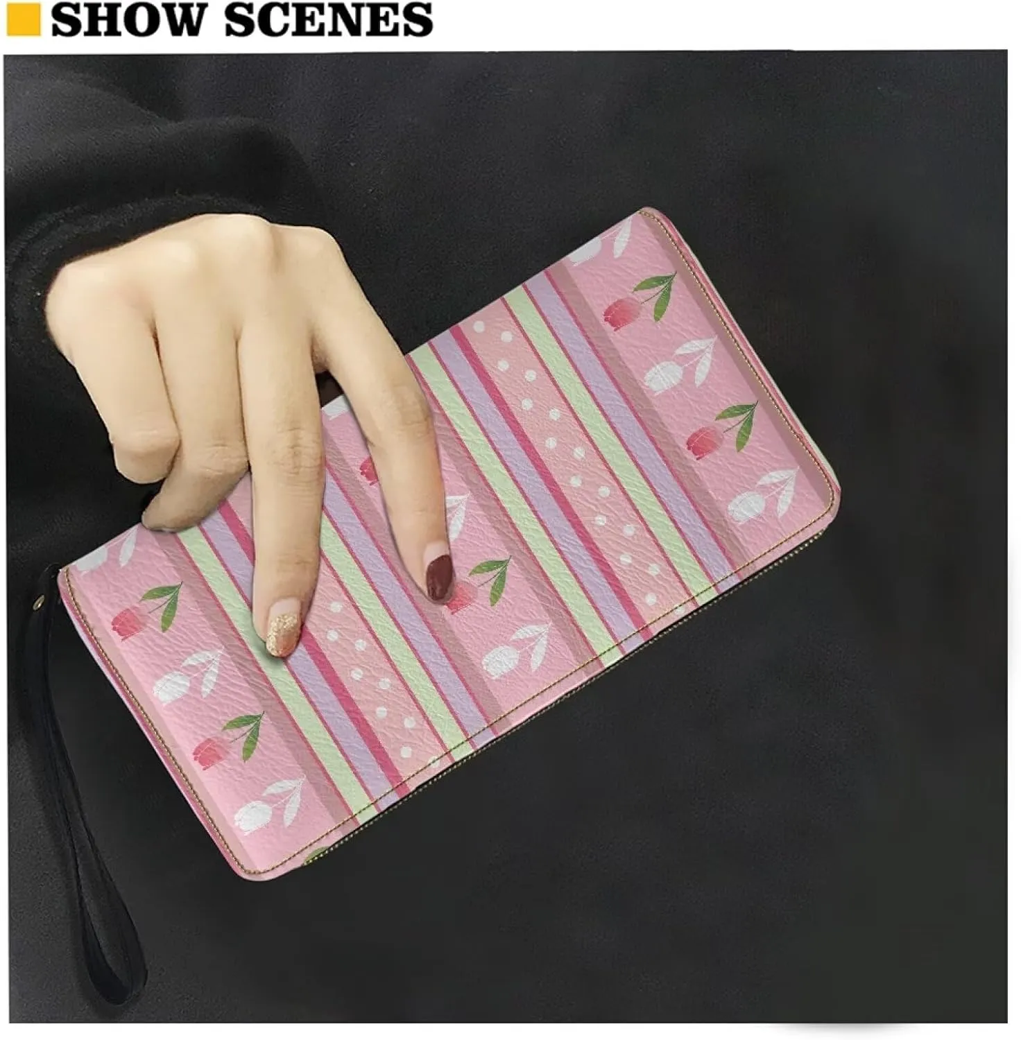 Long Wallet with Convenient Wristlet Strap Stylish Travel,Shopping,Dating Phone Purse Pink Tulip Floral Stripe Print PU Leather Credit Card Holder Zip Around Design Coin Cash Pocket