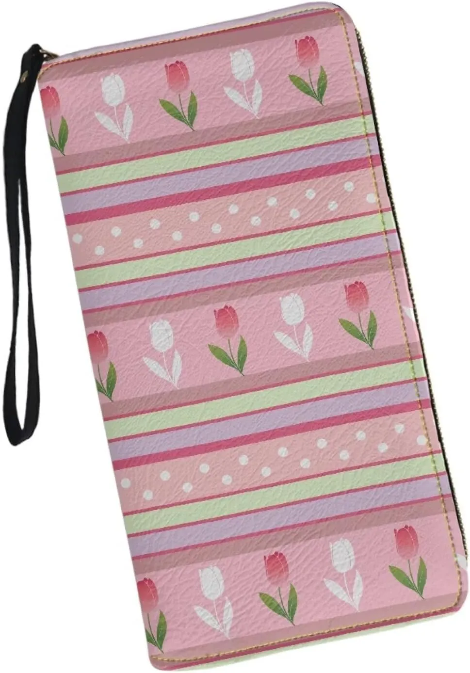 Long Wallet with Convenient Wristlet Strap Stylish Travel,Shopping,Dating Phone Purse Pink Tulip Floral Stripe Print PU Leather Credit Card Holder Zip Around Design Coin Cash Pocket
