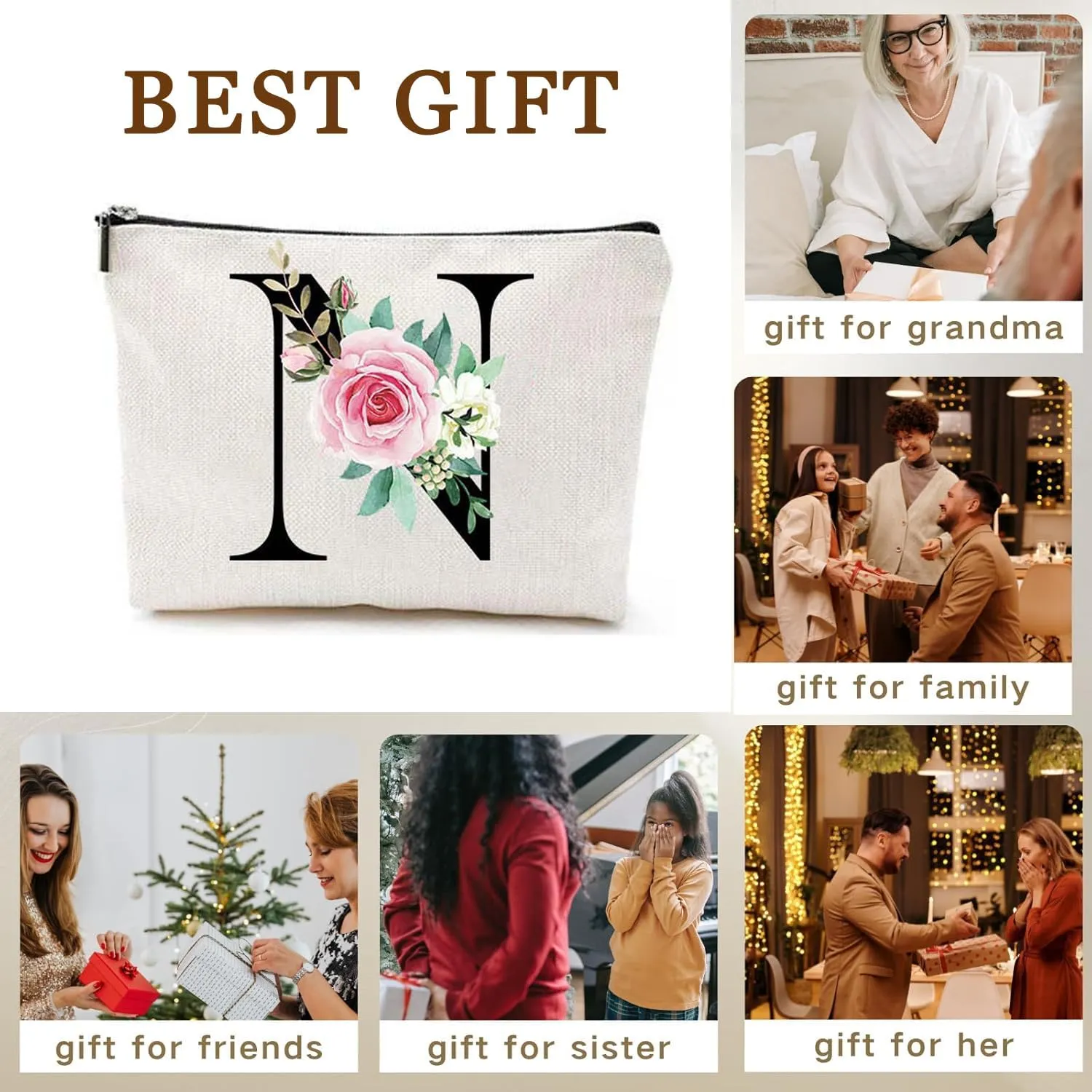 Makeup Bags for Women,Cute Daily Make Up Bags Funny Monogram Cosmetic Bags Letter A-Z Toiletry Pouch Thanksgiving Christmas Day Mother's Day Birthday Gifts