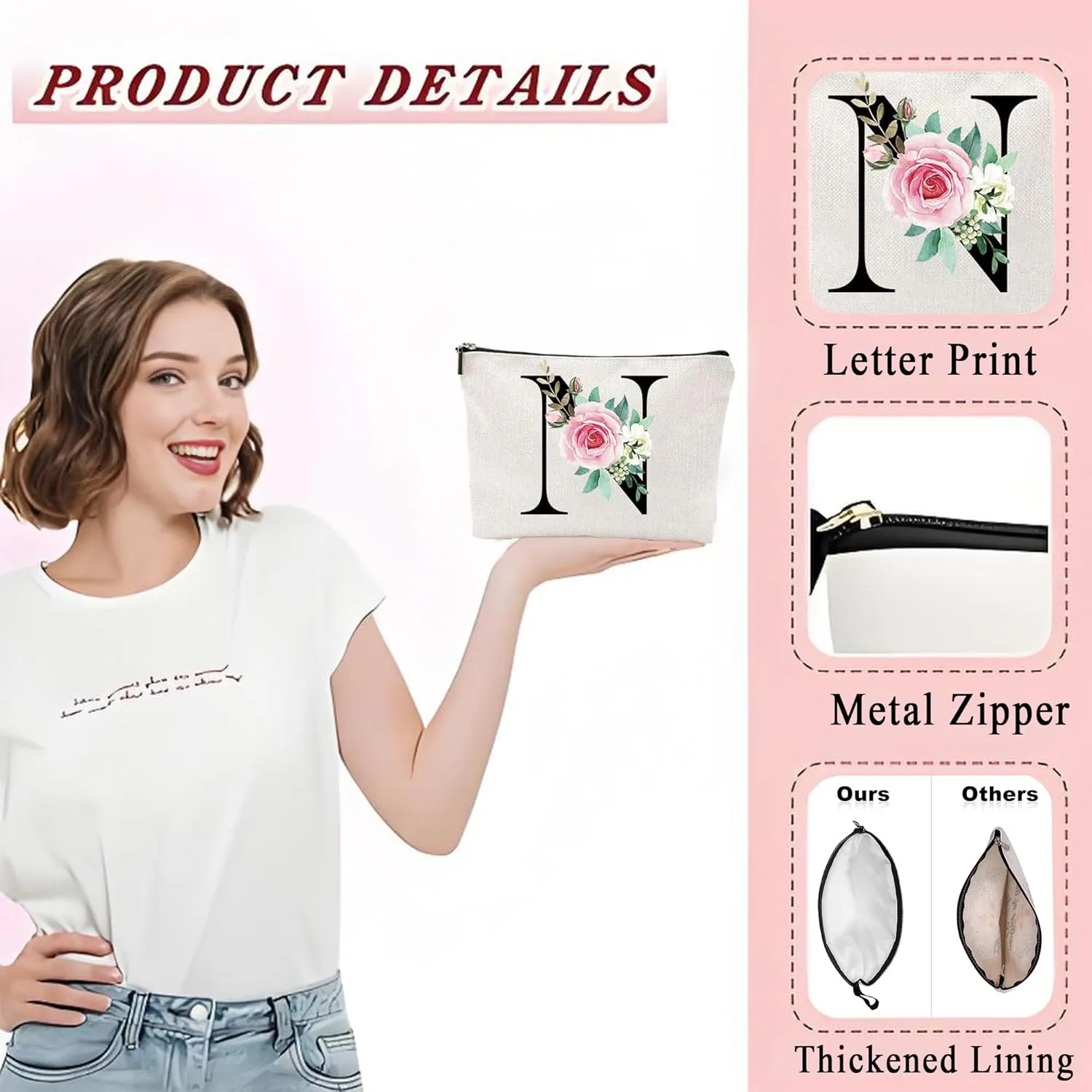 Makeup Bags for Women,Cute Daily Make Up Bags Funny Monogram Cosmetic Bags Letter A-Z Toiletry Pouch Thanksgiving Christmas Day Mother's Day Birthday Gifts
