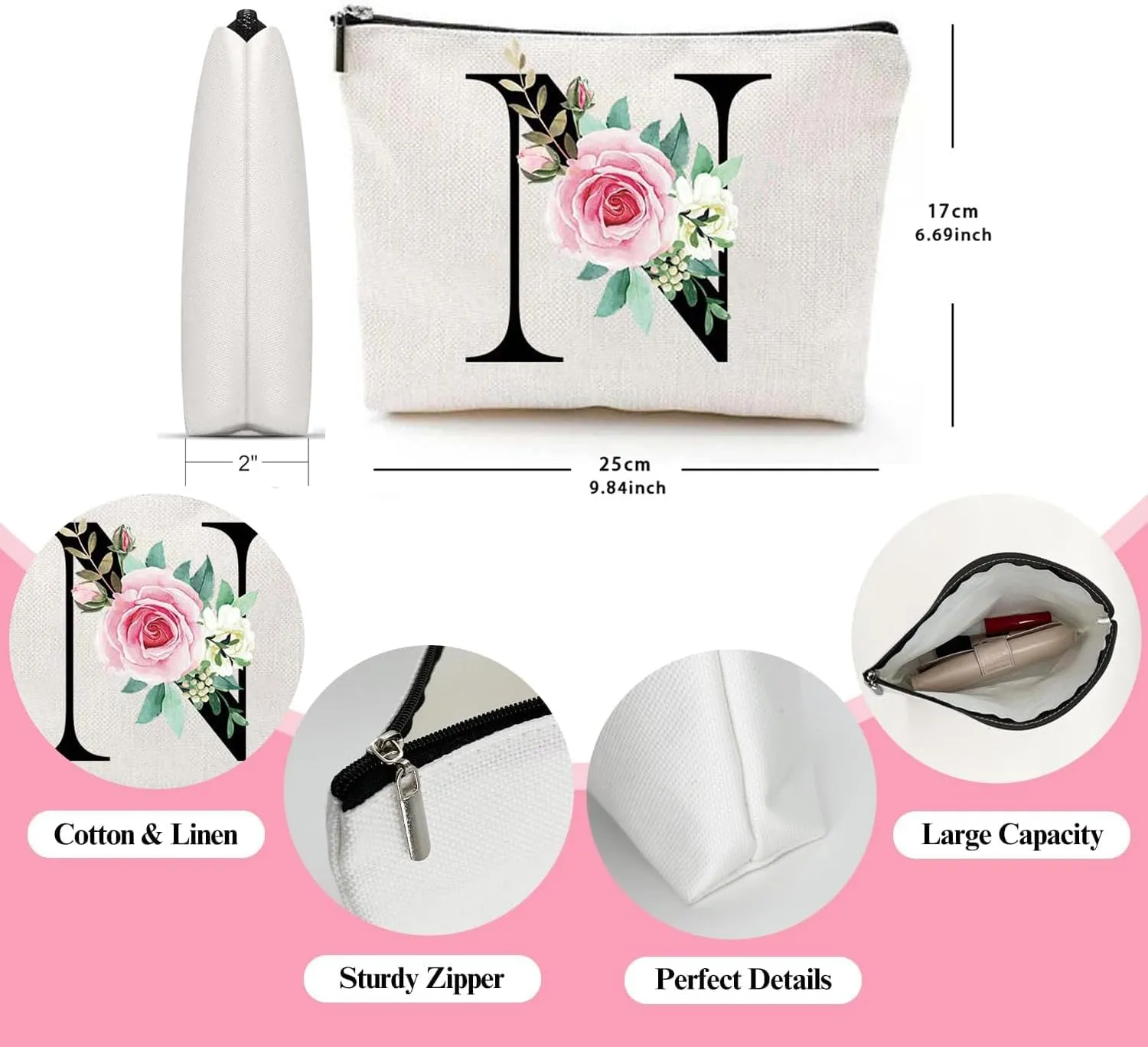 Makeup Bags for Women,Cute Daily Make Up Bags Funny Monogram Cosmetic Bags Letter A-Z Toiletry Pouch Thanksgiving Christmas Day Mother's Day Birthday Gifts
