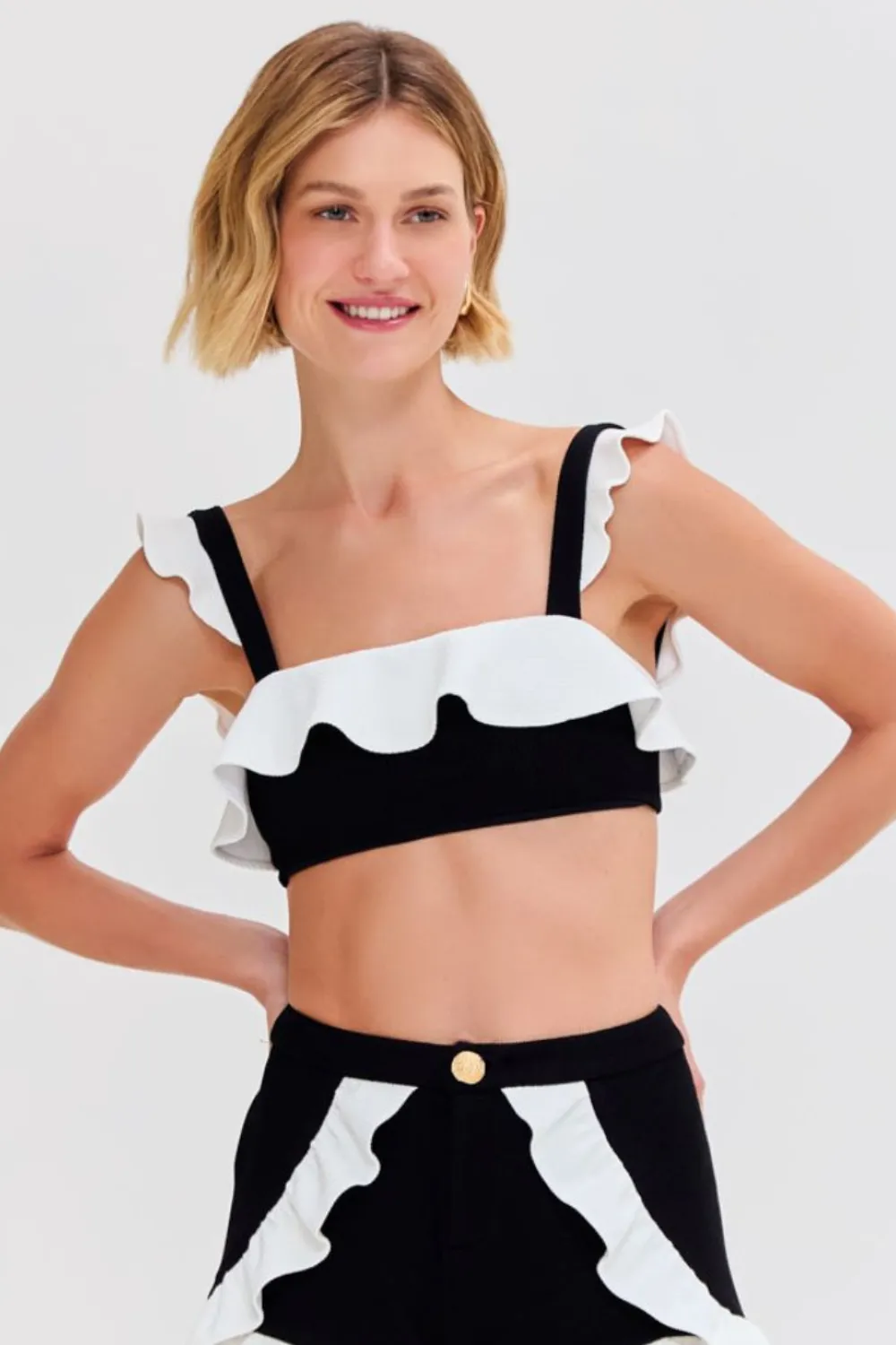 MERIAN KNIT FLUTTER COLOR BLOCK BIKINI TOP