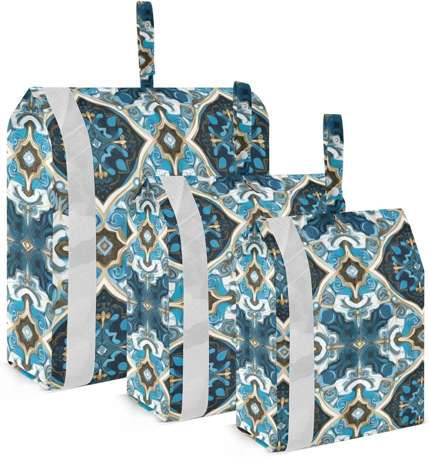 Mexican Talavera Tile Blue Packing Cubes Set of 3, Lightweight Travel Luggage Organizers Foldable Bags for Easy Packing and Organization