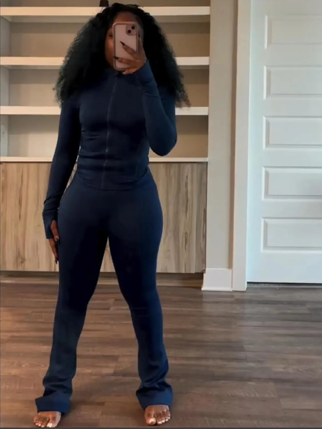 Molilove Womens 2 Piece Outfits Lounge Sweatsuit Set Long Sleeve Zipper Crop Jacket Long Flare Pants Tracksuits Workout Set