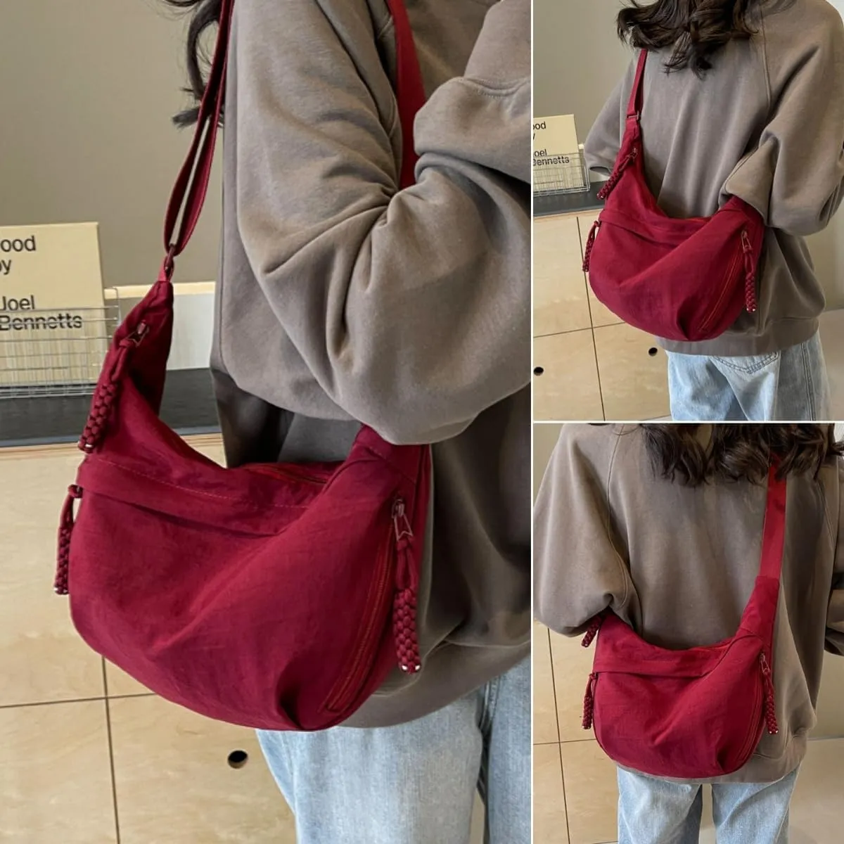 Nylon Crossbody Bags for Women, Trendy Medium Crescent Bag, Lightweight Woman Over Shoulder Purse with Zipper