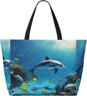 Ocean Underwater Dolphin Fish Beach Travel Bag - Foldable Spacious Large Capacity Beach Bag Tote Bag With Zipper
