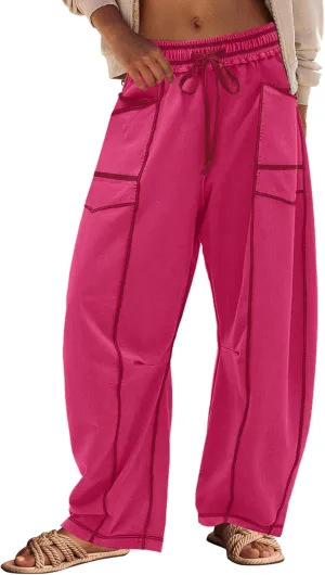 Panadila Womens Barrel Pants Drawstring Wide Leg Sweatpants Baggy Summer Lounge Pants Casual Beach Trousers
