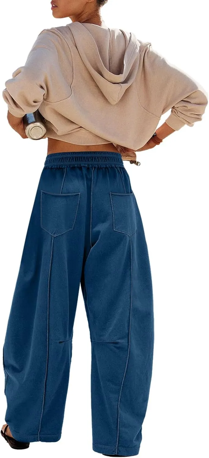 Panadila Womens Barrel Pants Drawstring Wide Leg Sweatpants Baggy Summer Lounge Pants Casual Beach Trousers