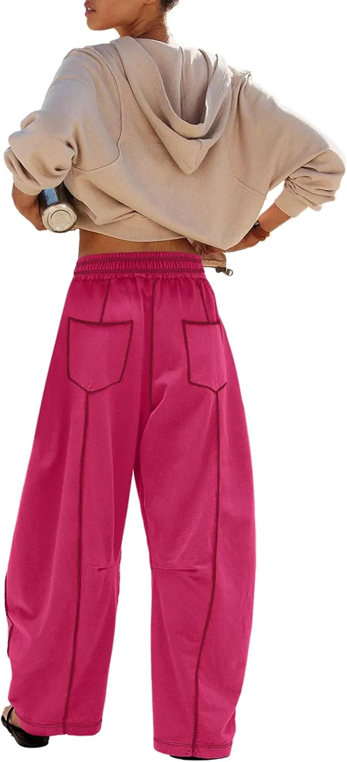 Panadila Womens Barrel Pants Drawstring Wide Leg Sweatpants Baggy Summer Lounge Pants Casual Beach Trousers
