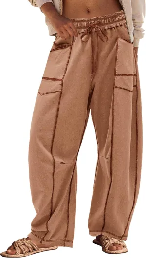 Panadila Womens Barrel Pants Drawstring Wide Leg Sweatpants Baggy Summer Lounge Pants Casual Beach Trousers