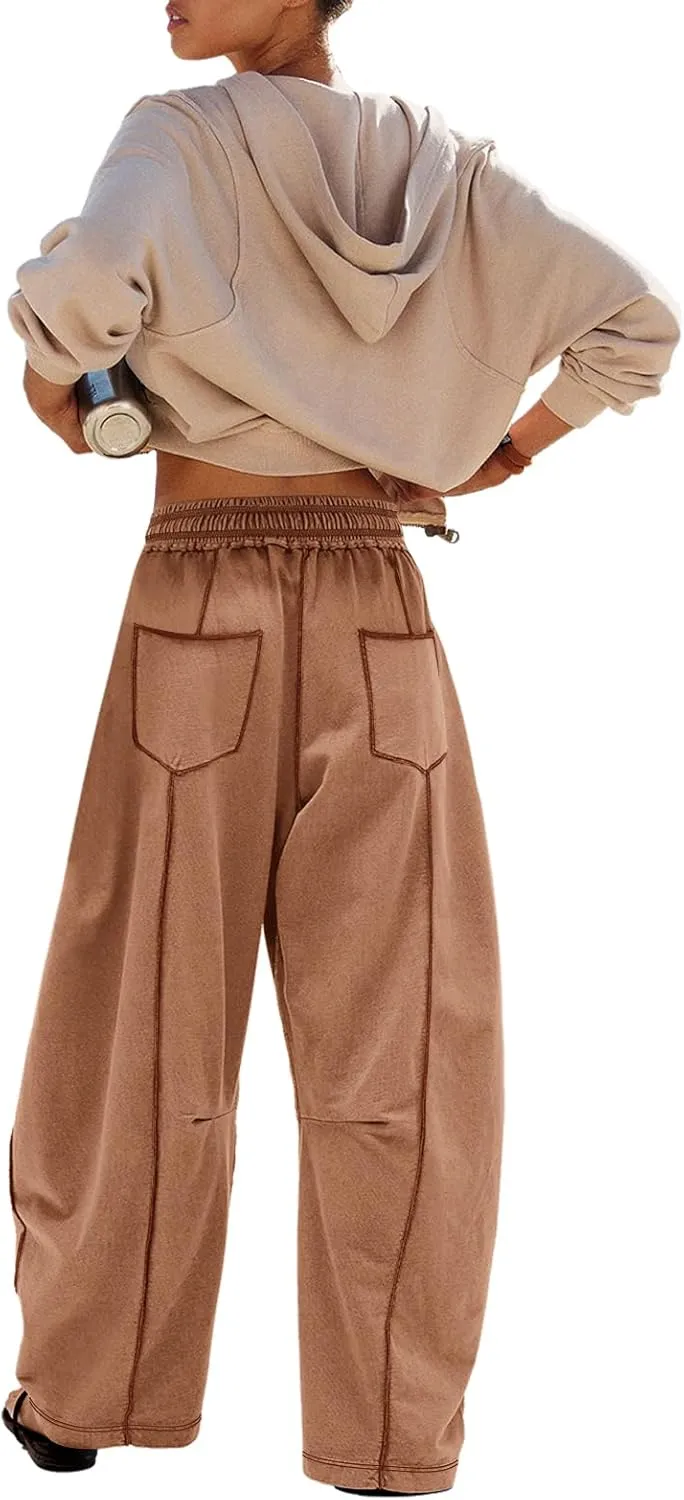 Panadila Womens Barrel Pants Drawstring Wide Leg Sweatpants Baggy Summer Lounge Pants Casual Beach Trousers