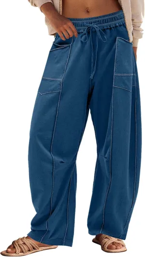 Panadila Womens Barrel Pants Drawstring Wide Leg Sweatpants Baggy Summer Lounge Pants Casual Beach Trousers